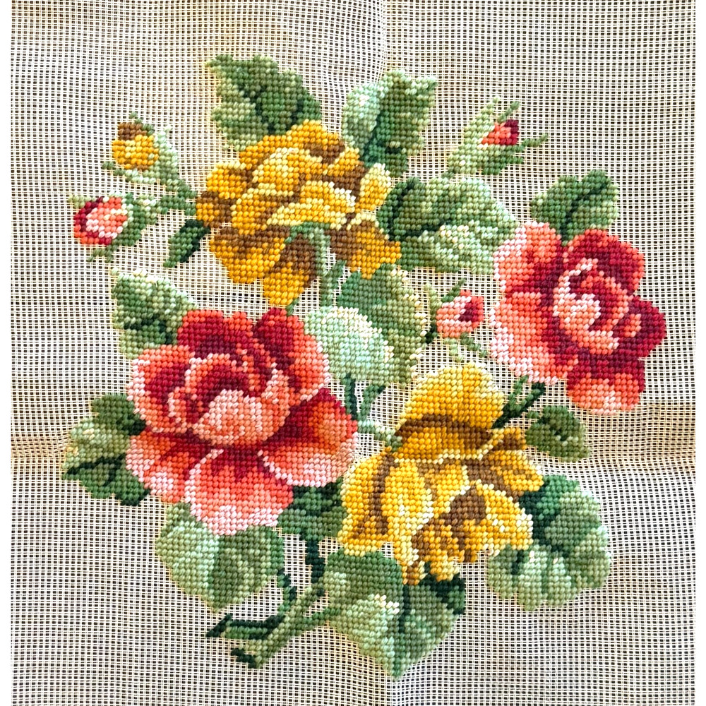 Vintage Bucilla Preworked Decorator Needlepoint Canvas Floral Roses Design 10x10